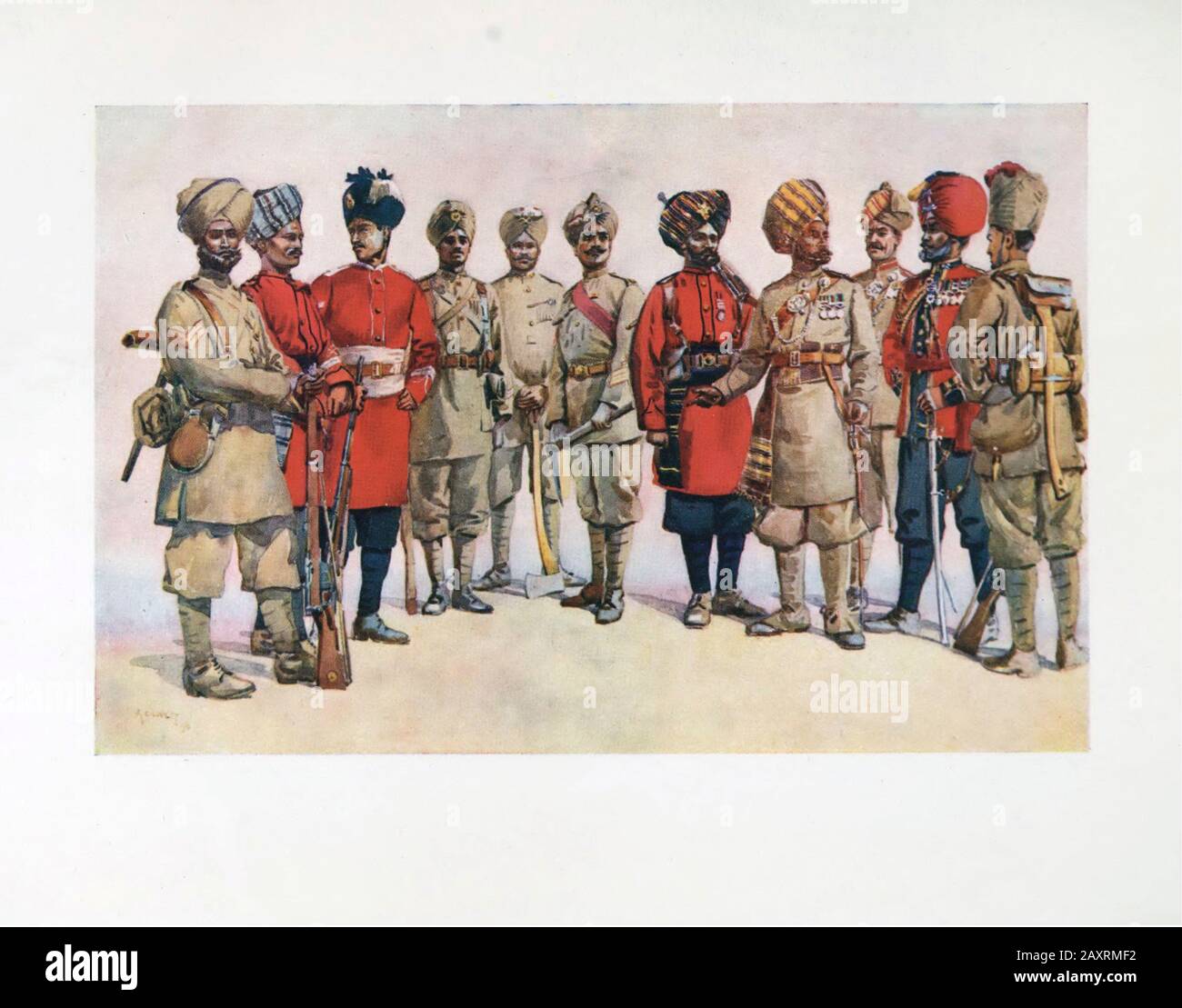 Armies of India. By major A.C. Lovett. London. 1911. Pioneer Regiments From bottom left to right: 34th Sikh Pioneers, 12th Pioneers, 128th Pioneers, 8 Stock Photo