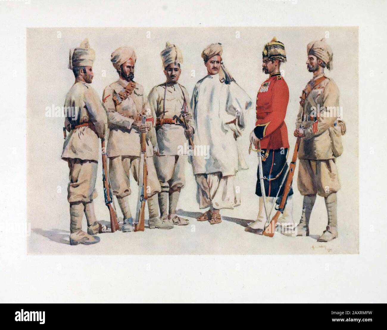 Armies of India. By major A.C. Lovett. London. 1911. 19th Punjabis Afridi of Tirah, Lance Naik / Jat Sikh, Bangash (Pathan), Pathan of Upper Swat Vall Stock Photo