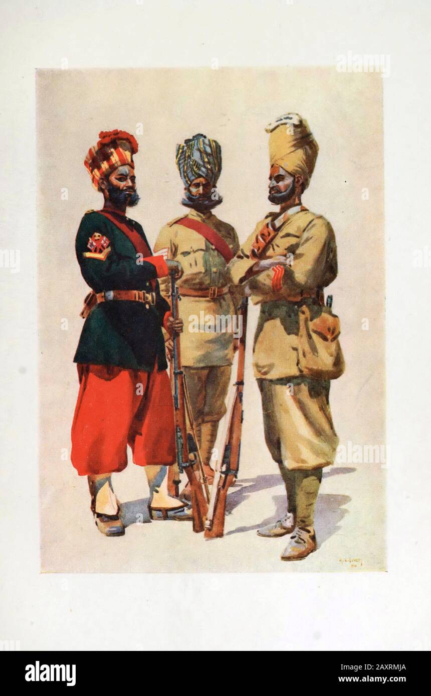 Armies of India. By major A.C. Lovett. London. 1911. 43rd Erinpura Regiment / Colour Havildar 44th Merwara Infantry / Havildar 108th Infantry / Kaimkh Stock Photo
