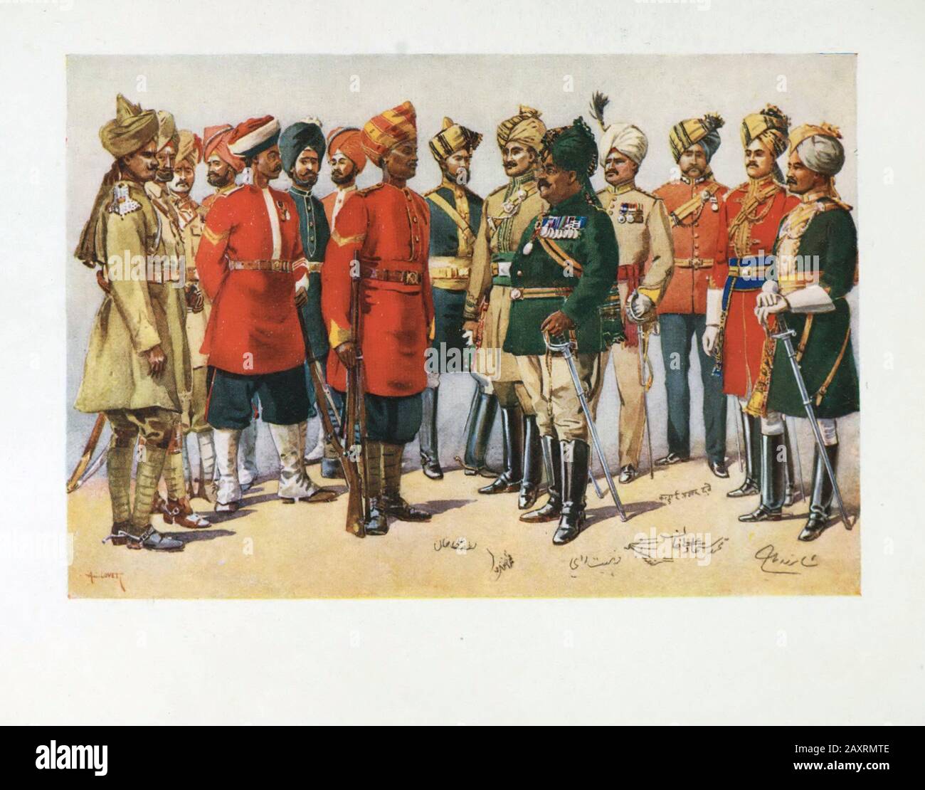 Armies of India. By major A.C. Lovett. London. 1911. Imperial Service Troops. In front (leftmost) 2nd Gwalior Lancers. Alwar Infantry. Bharatpur Infan Stock Photo