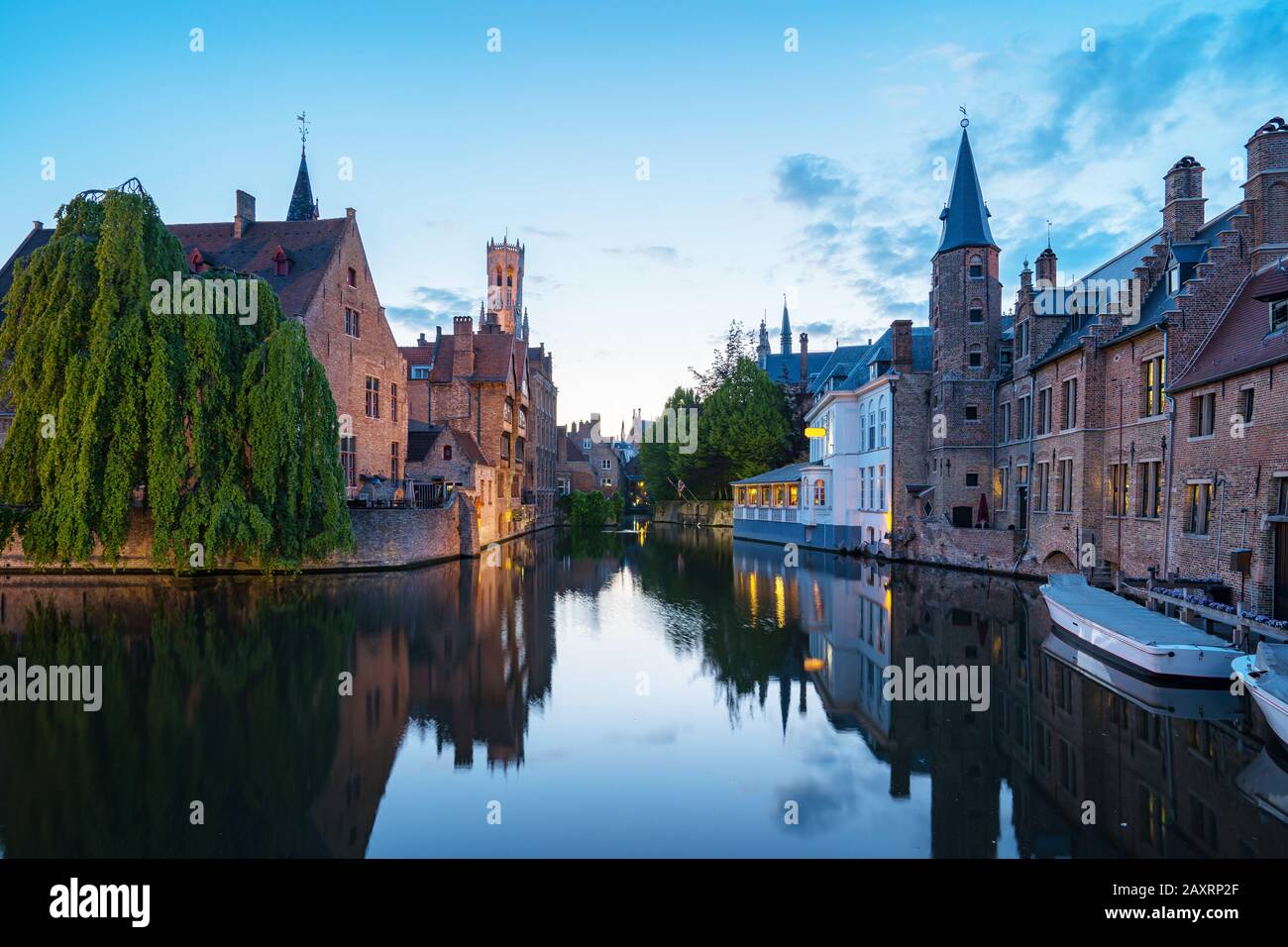 Bruges old town at night in Belgium. Stock Photo
