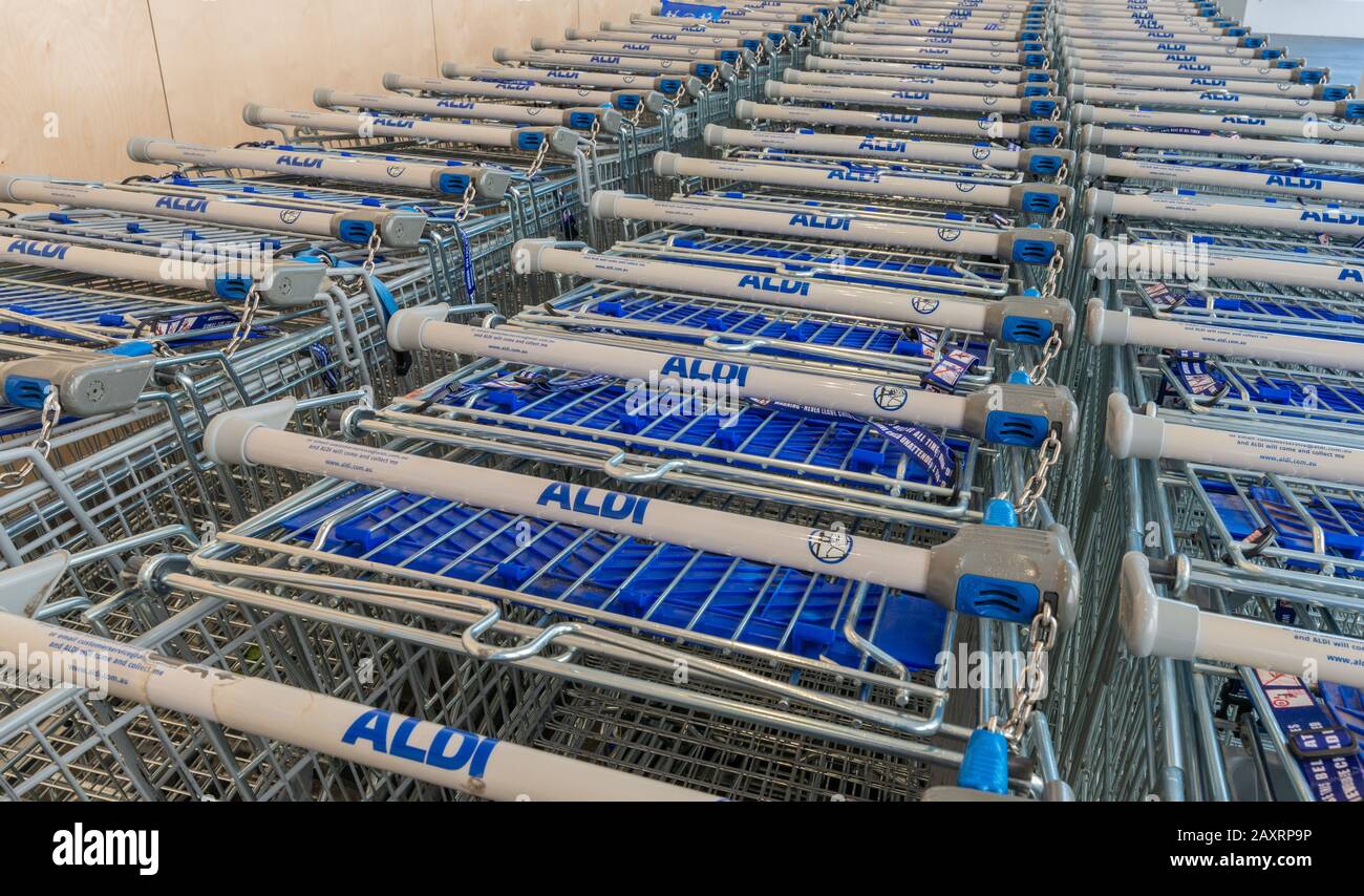 Sydney, Australia May 13, 2019 Aldi supermarket shopping trolleys in front of an Australian