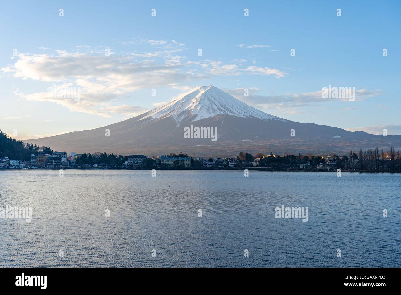 Mount Fuji and Lake Kawaguchiko in Yamanachi, Japan. Stock Photo
