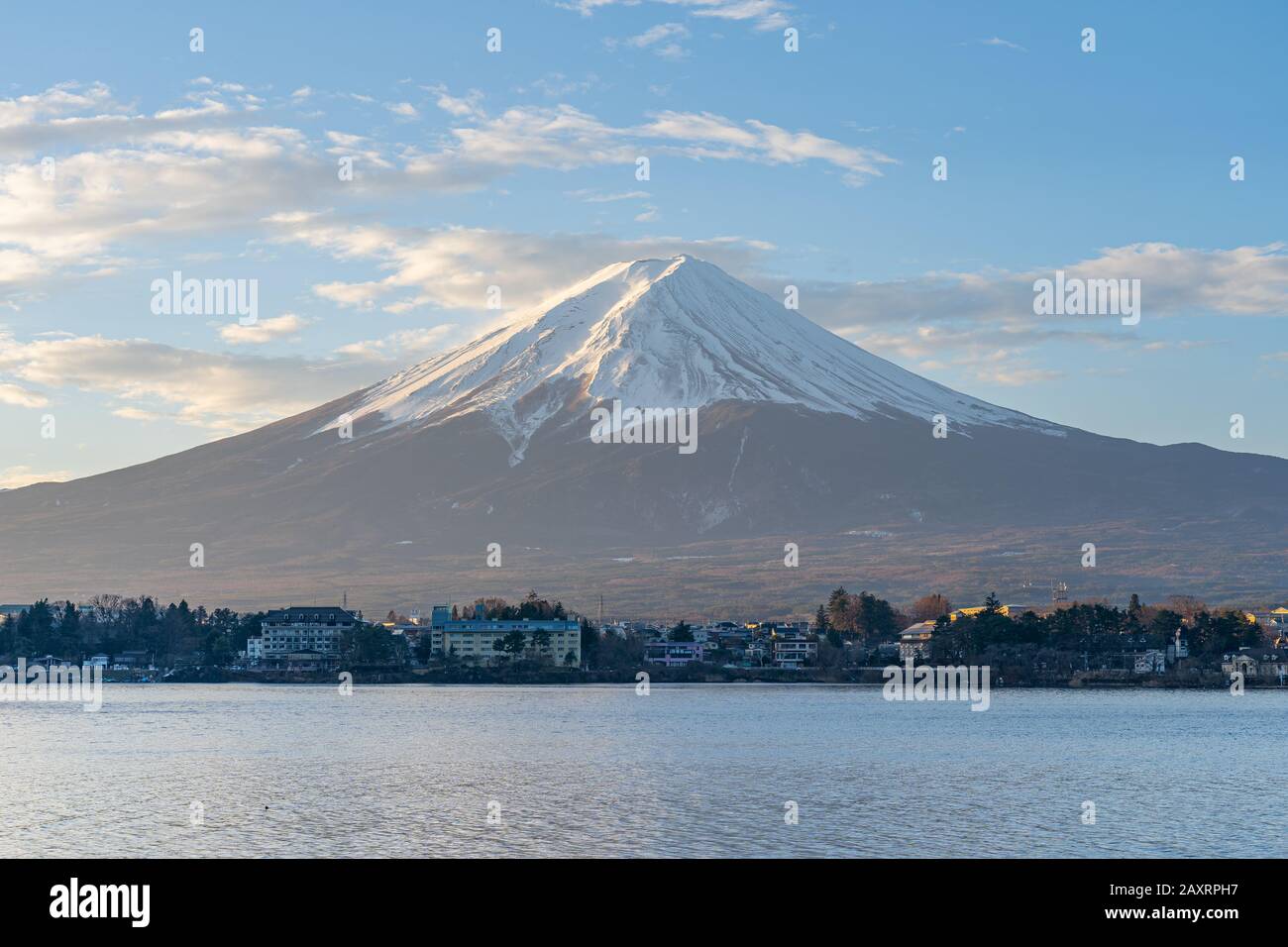 Close up view of Mount Fuji with Lake Kawaguchiko in Japan. Stock Photo