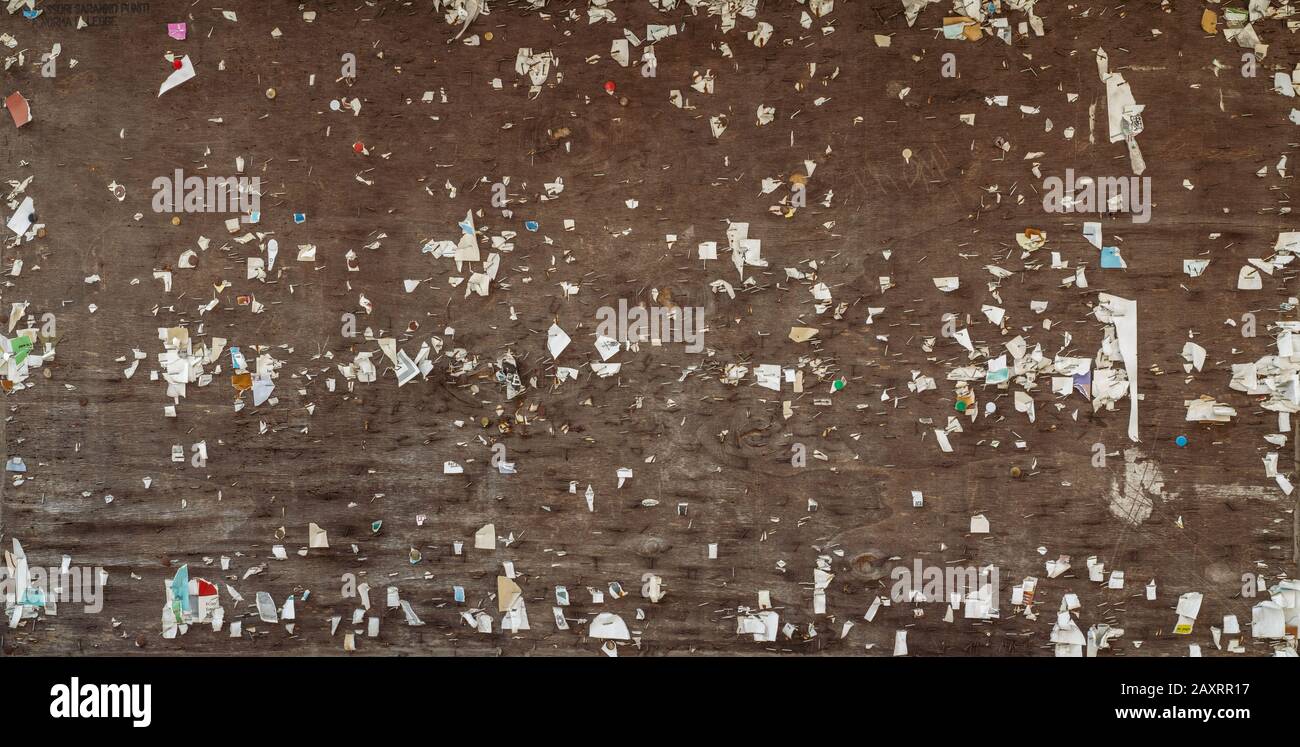 Big, empty, old, wooden urban bulletin board with nails, pins, staples and paper scraps Stock Photo