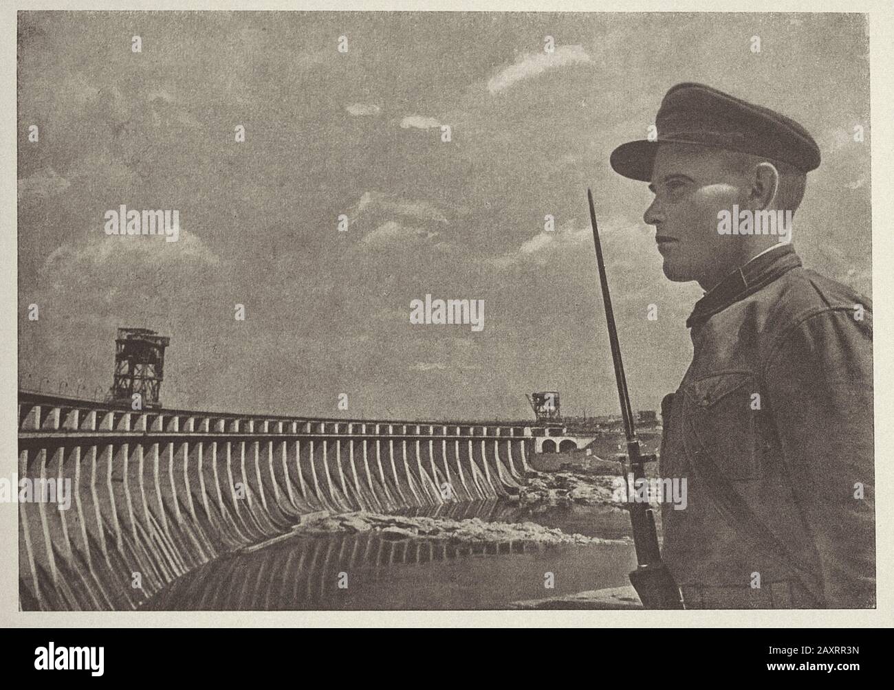 Red Army. From soviet propaganda book of 1937. Soviet sentinel on guard of the homeland. Stock Photo