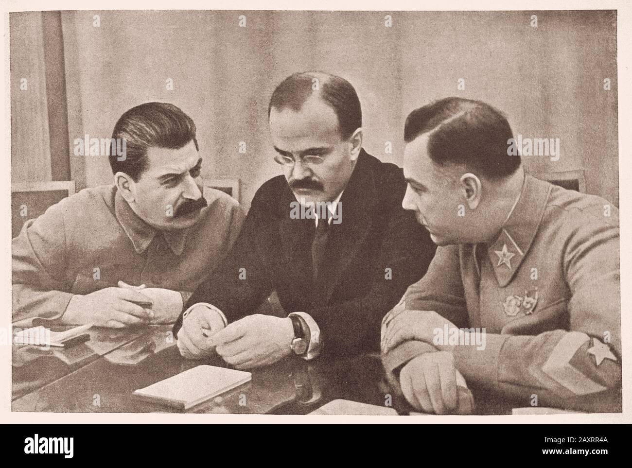 Meeting of leaders of the Soviet Union: Stalin, Molotov and Voroshilov. 1930s Stock Photo