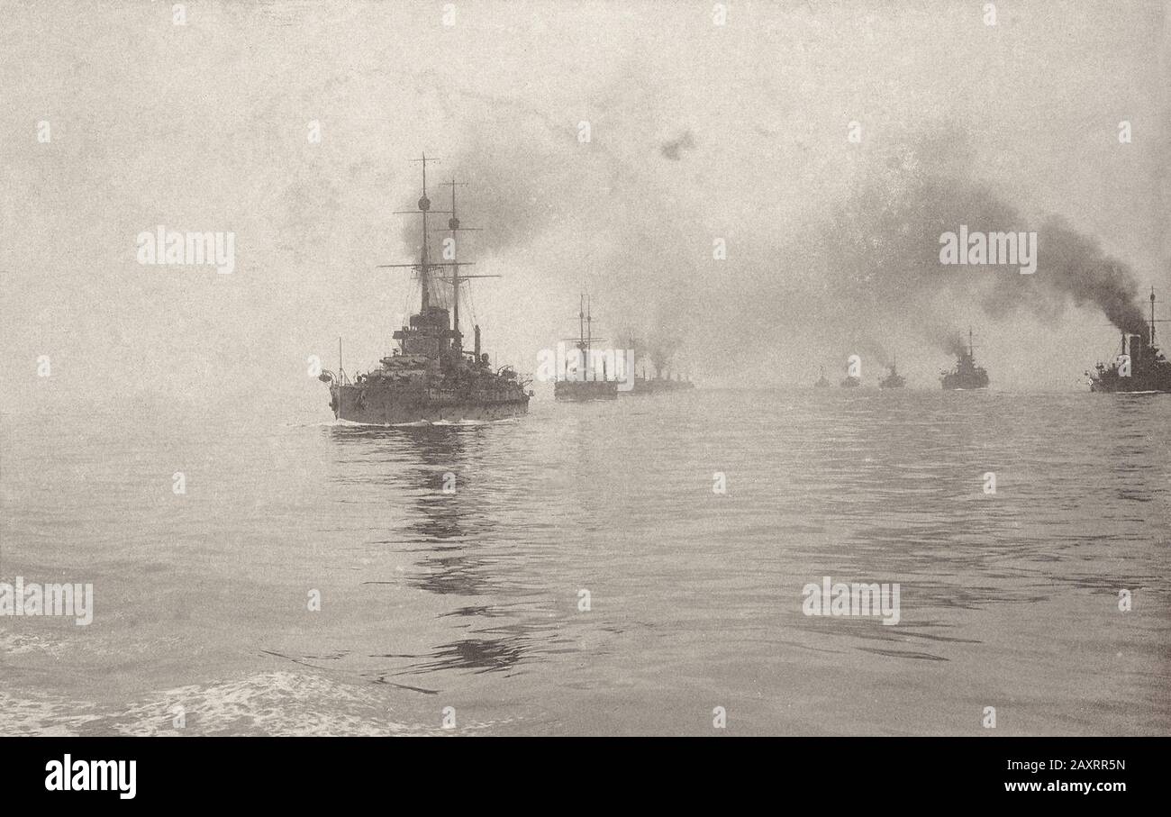 Austrian battleships on manoeuvres before the war, dreadnought SMS Viribus Unitis leading the way, 1913, Adriatic sea Stock Photo