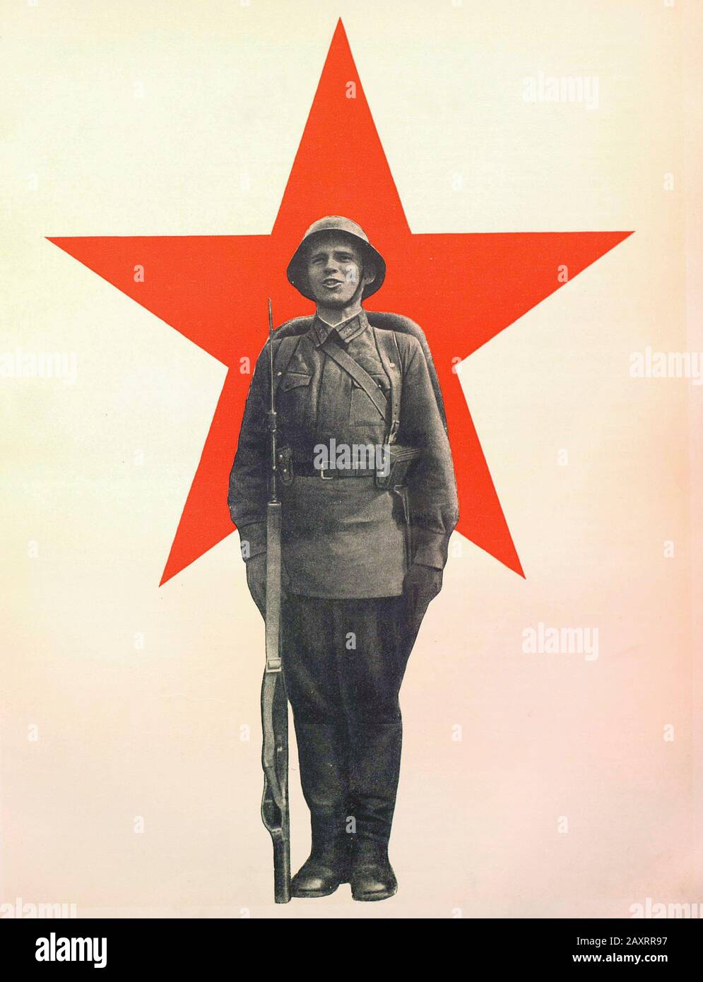 Red Army. From soviet propaganda book of 1937. Soviet sentinel on the background of a red star Stock Photo