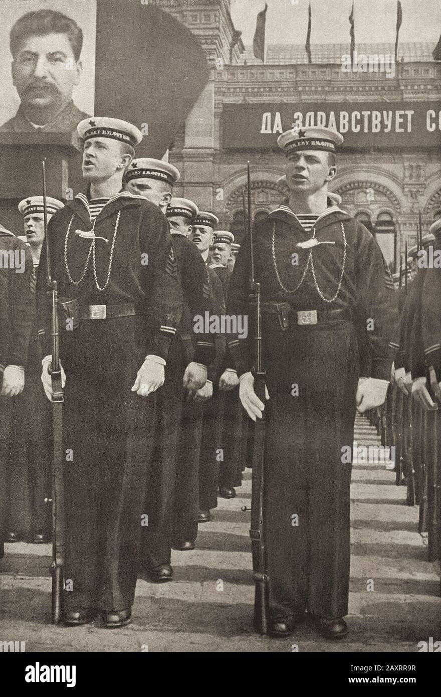 Red Army. From soviet propaganda book of 1937. Soviet mariners on Red Square in Moscow. Stock Photo