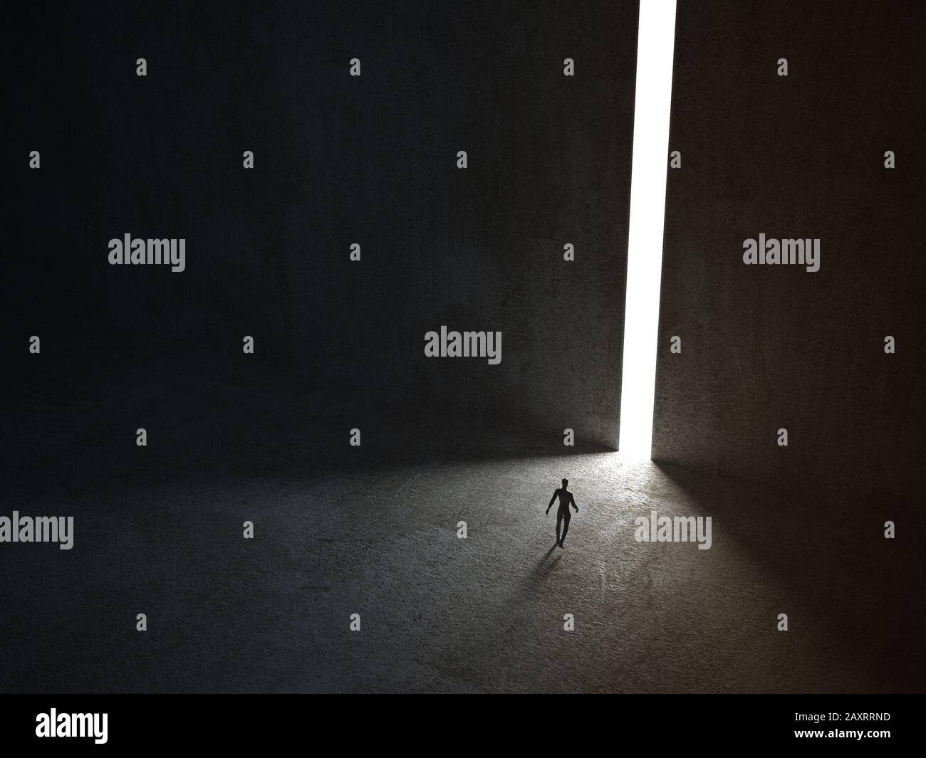 Man walking in a narrow light passage. 3D rendering. Stock Photo