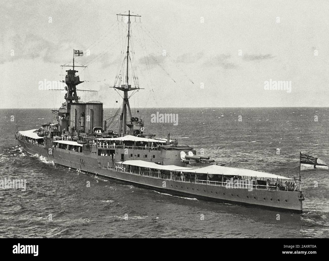 A starboard stern view of HMS Hood off Honolulu in 1924. Stock Photo