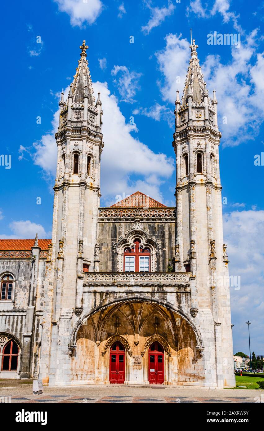 Lisbon, Portugal: The facade entrance to the maritime museum inside the  Jeronimos Monastery or Hieronymites Monastery in the parish of Belem Stock Photo