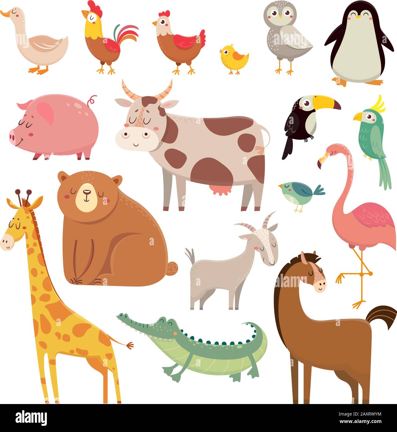 Baby cartoons wild bear, giraffe, crocodile, bird Stock Vector
