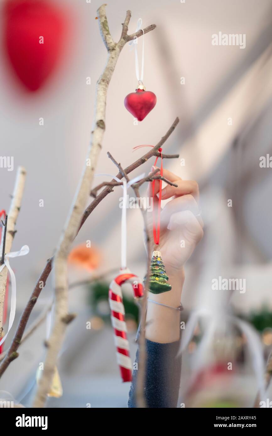 A Woman Hand Decorates Birch Branches With Christmas Decoration