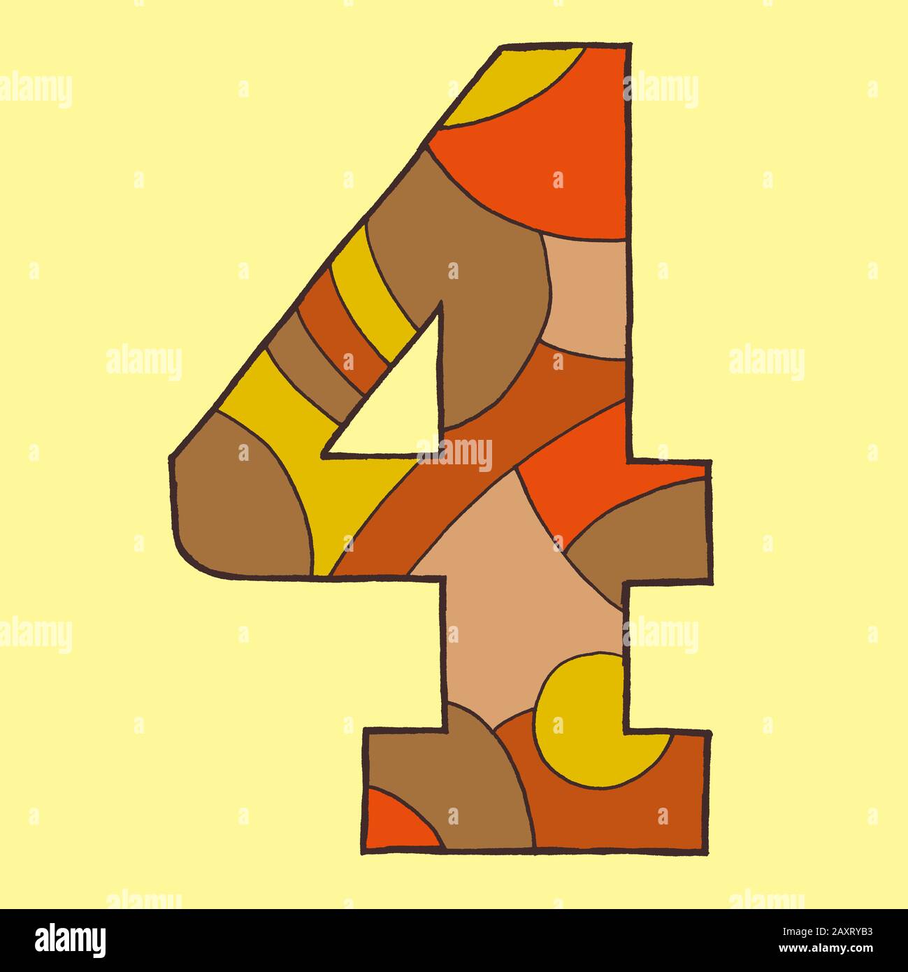 Number four, drawn as a vector illustration, in brownish hues on a light yellow background in pop art style Stock Photo