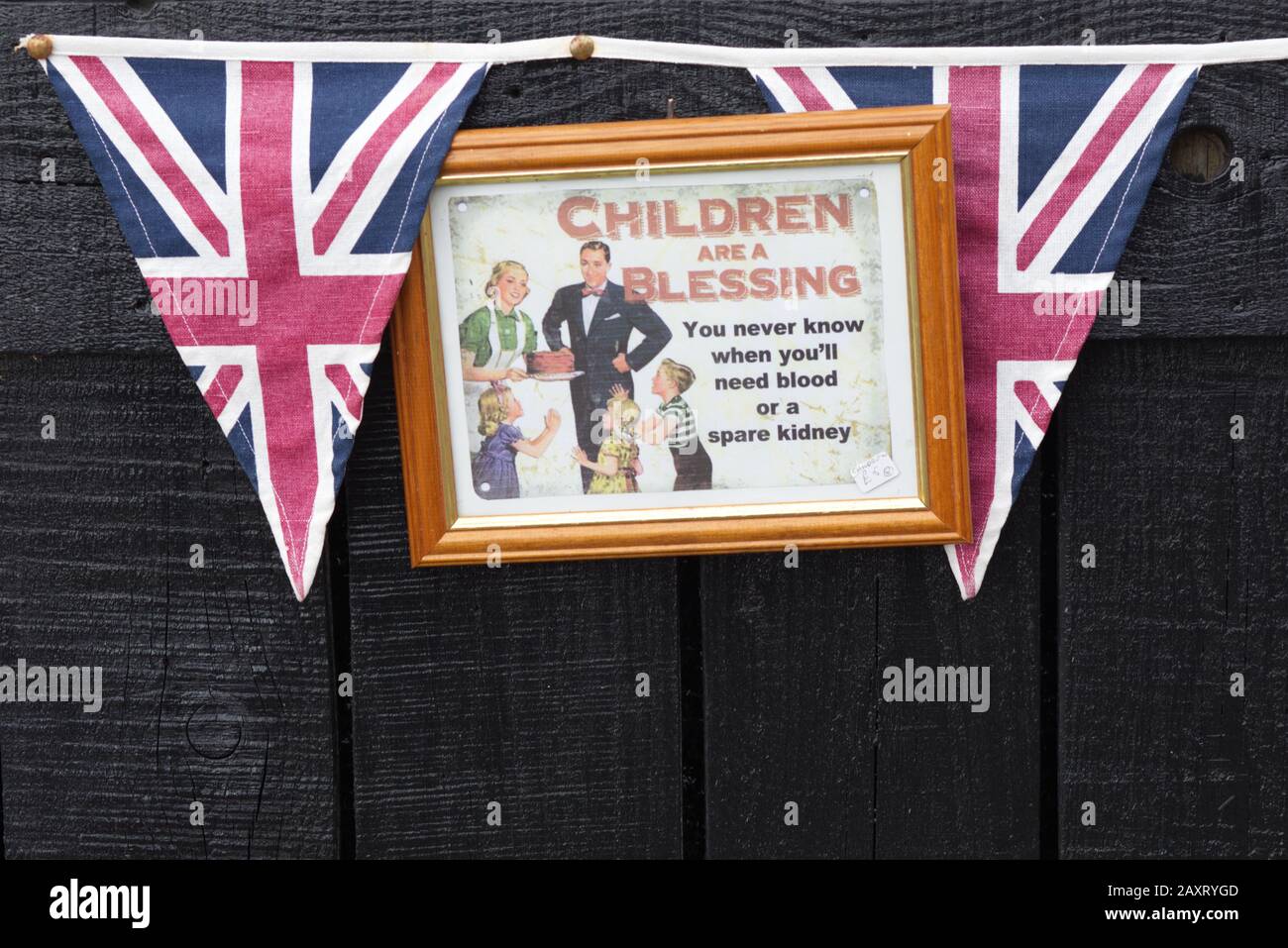 children are a blessing, you never know, when you'll need blood or a spare kidney, poster on a wooden gate with union jack bunting Stock Photo