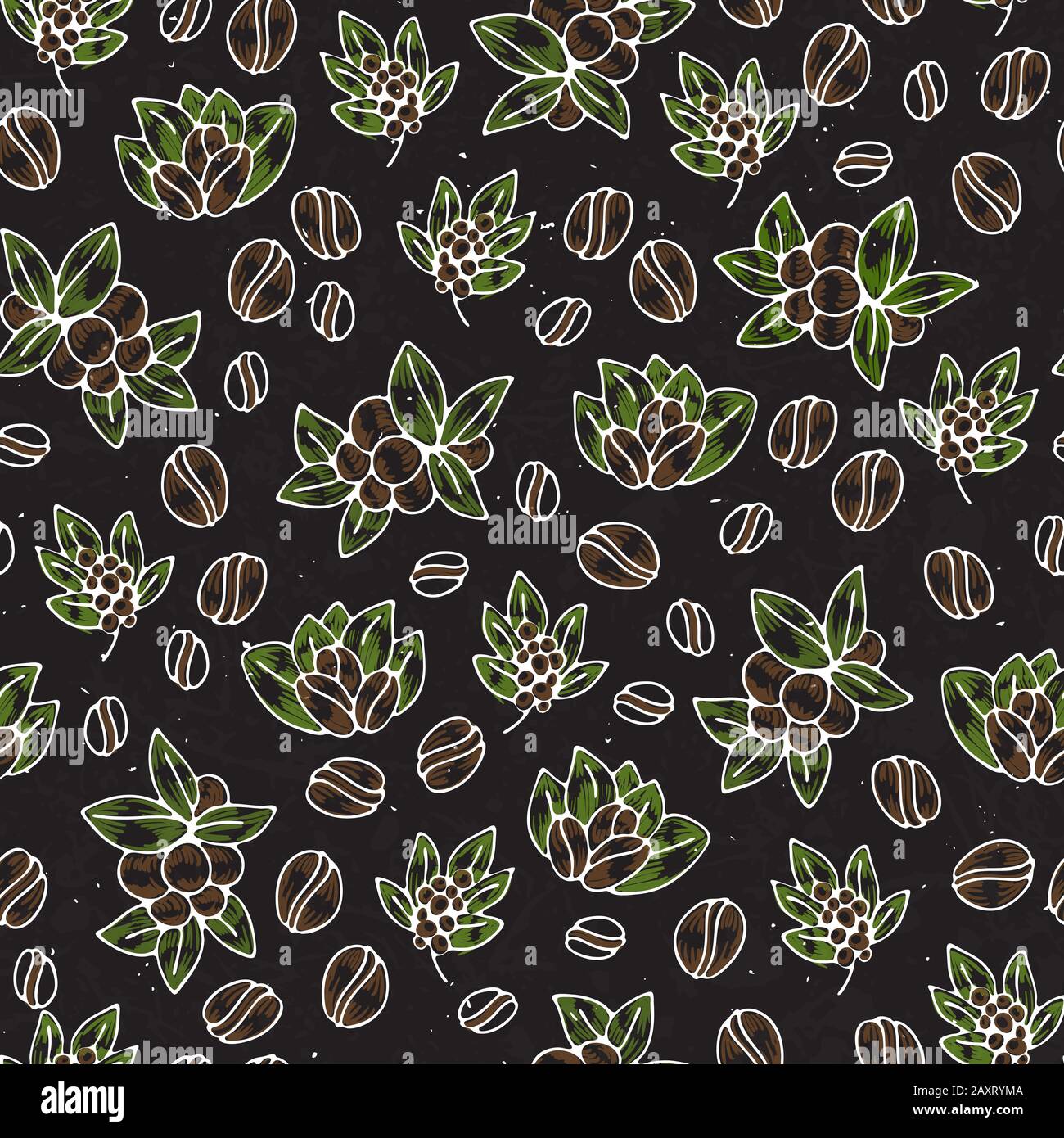 Seamless coffee background with branch of coffee and coffee beans. Hand ...