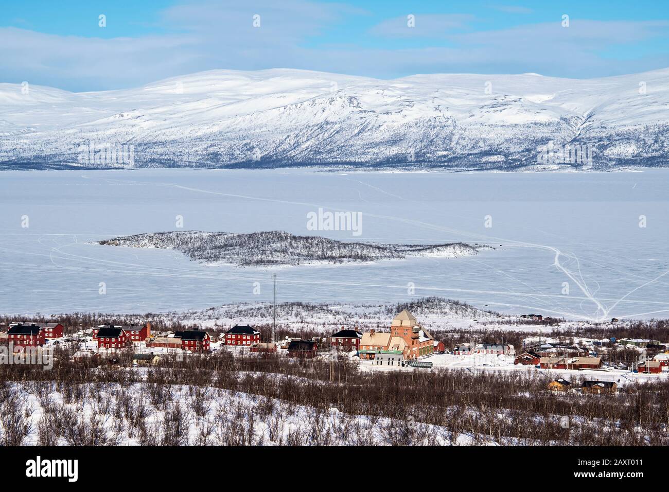 Lapland, distant view over Abisko, Torneträsk to Rohkunborri National Park Stock Photo