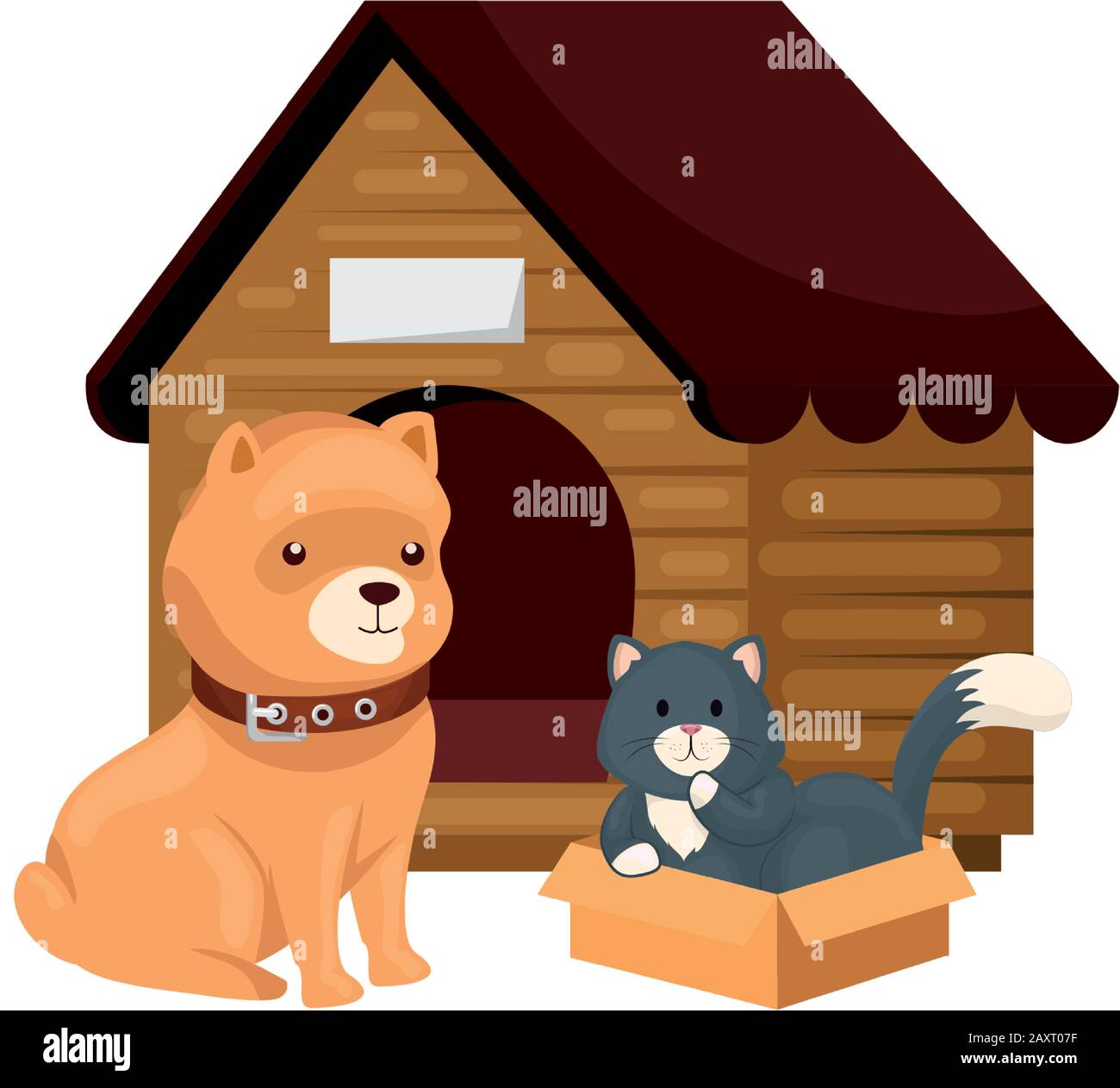 cute dog and cat with wooden house isolated icon Stock Vector Image ...