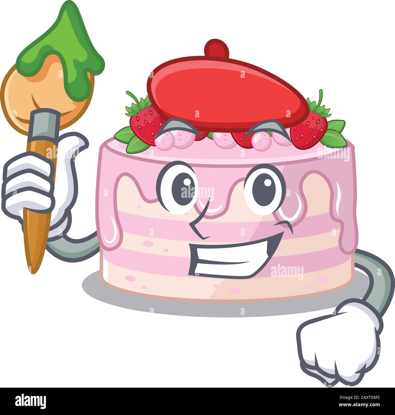 A cute picture of strawberry cake as an Artist having a brush Stock Vector