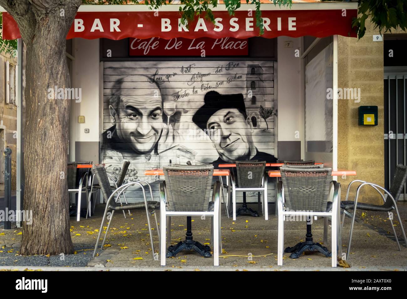 Cafe with drawings of de Funes and Fernandel in Alignan du Vent Stock Photo