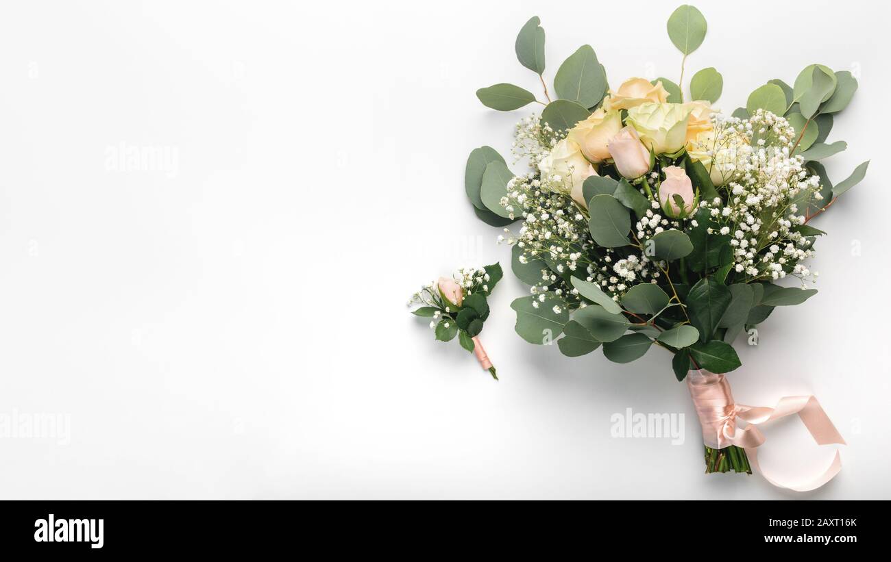 Floral composition, wedding roses with ribbon, boutonniere Stock Photo