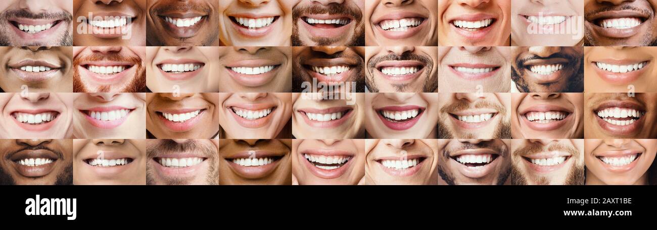 Panoramic collage of multiethnic people white smiles Stock Photo