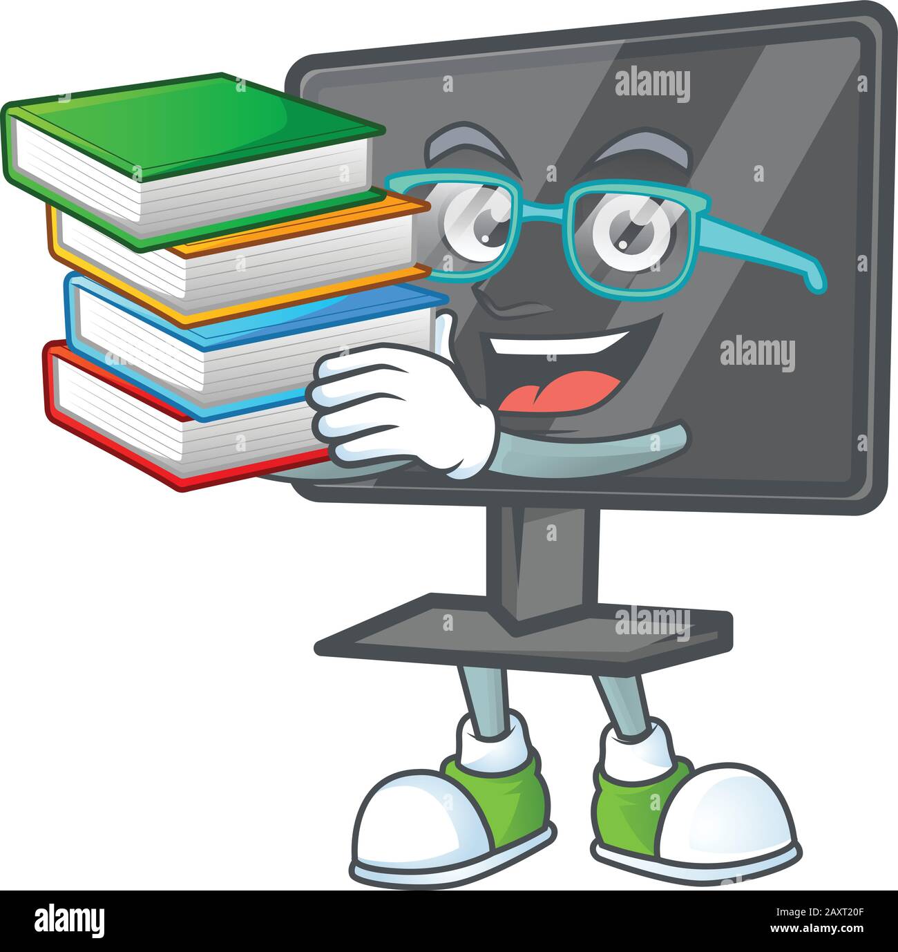 A brainy clever cartoon character of computer screen studying with some ...