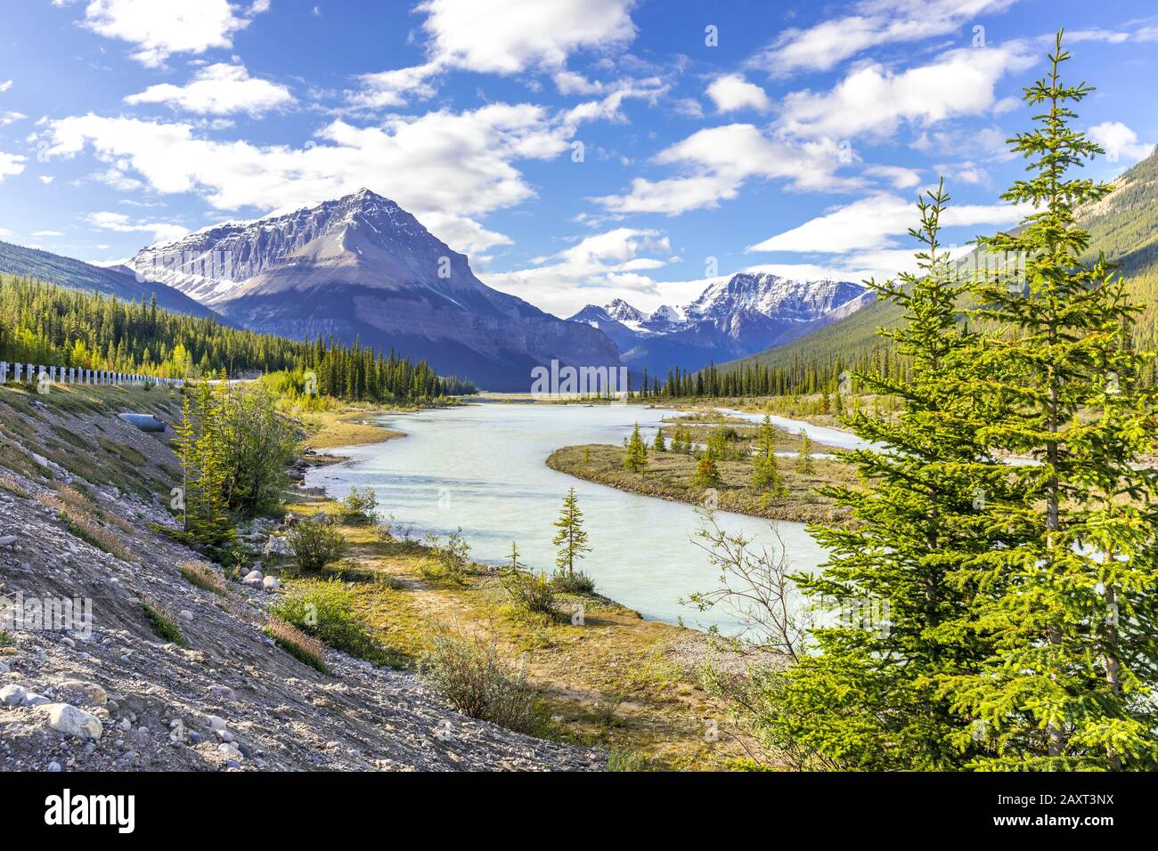 Athabasca river winding its way through the Canadian Rockies, Alberta Stock Photo