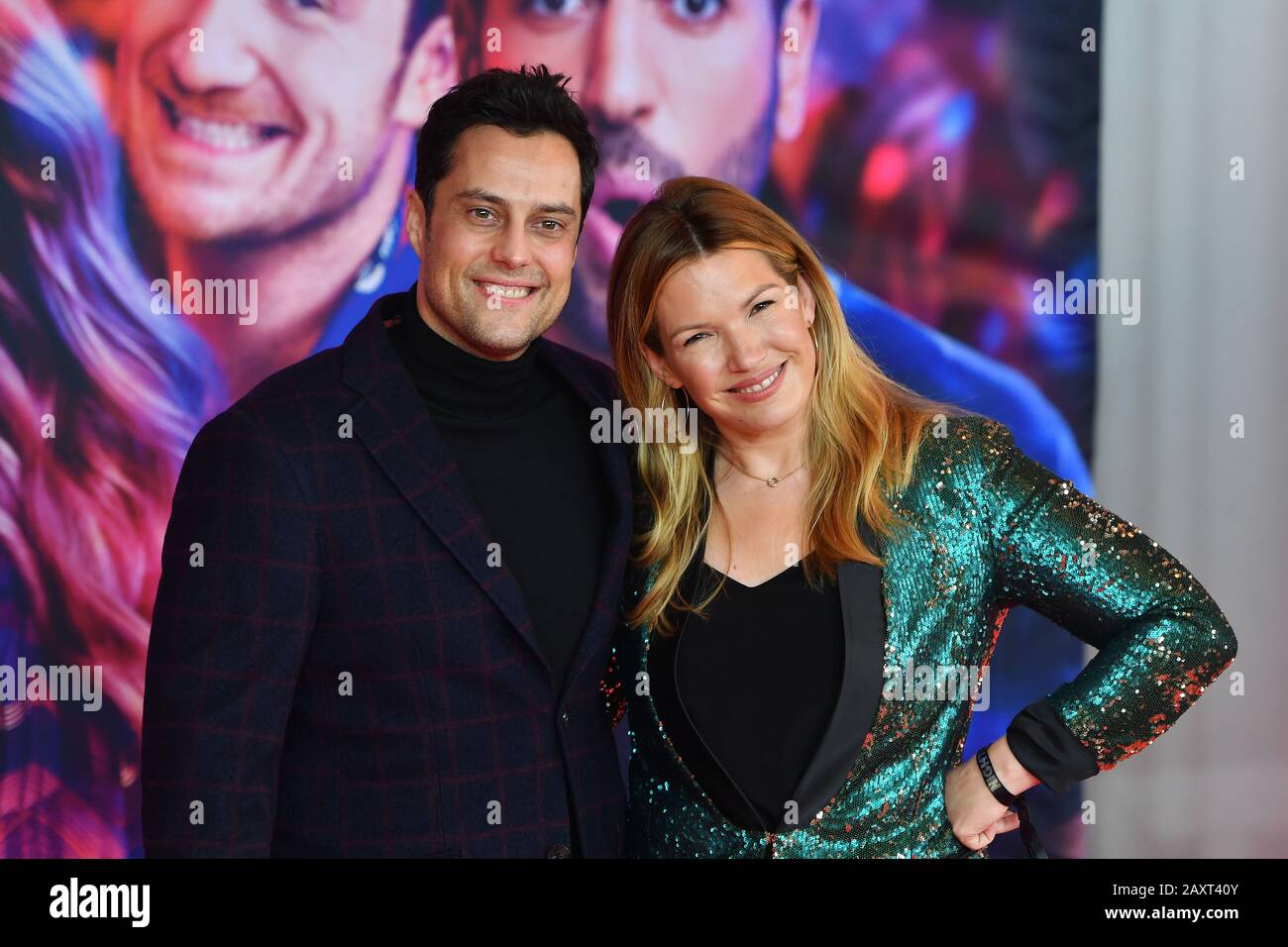 Munich, Deutschland. 12th Feb, 2020. Sports presenter Jessica Kastrop with her husband Roman Libbertz. Red carpet, red carpet, arrival. Film premiere, cinema premiere NIGHTLIFE on February 12th, 2020 at Mathaeser Kino in Muenchen, | usage worldwide Credit: dpa/Alamy Live News Stock Photo