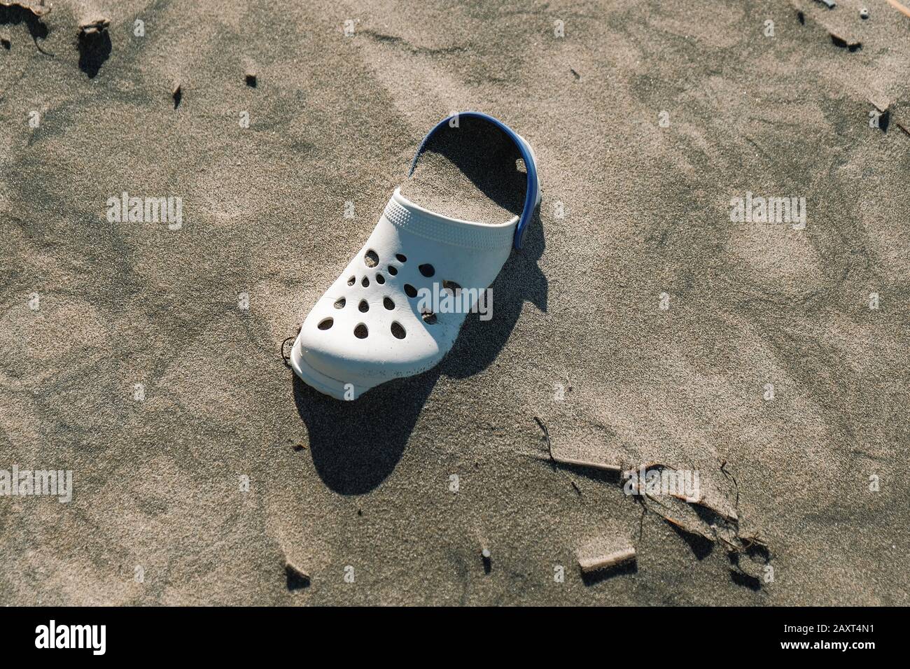 Summer slipper trash on wild polluted sea coast ecosystem after sea storm,italy Stock Photo