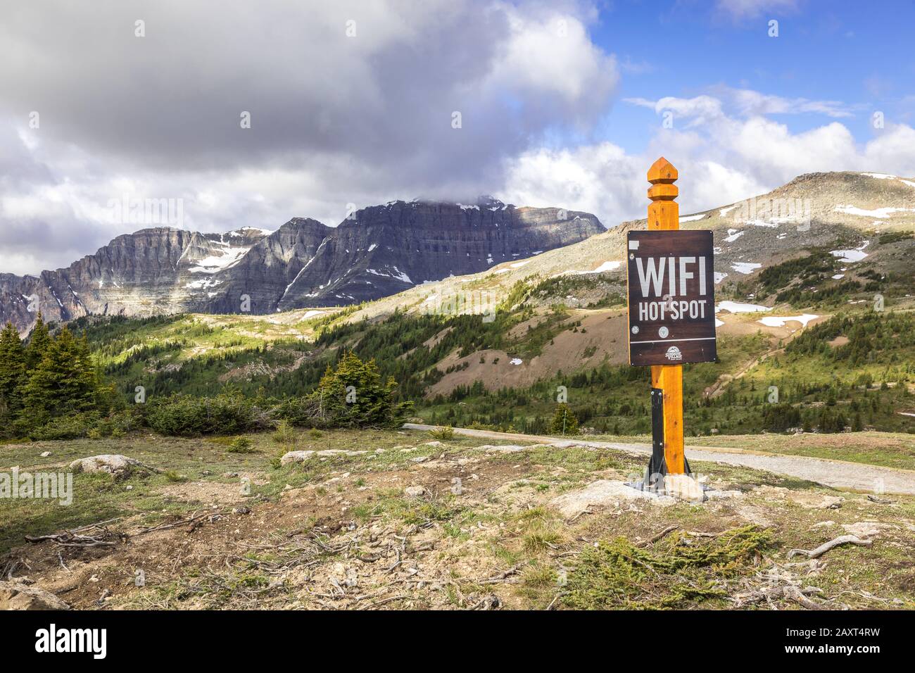 Wifi hot spot sign at the top of Sunshine Village - in the middle of the Canadian Rocky Mountains, Banff, Alberta, Canada Stock Photo