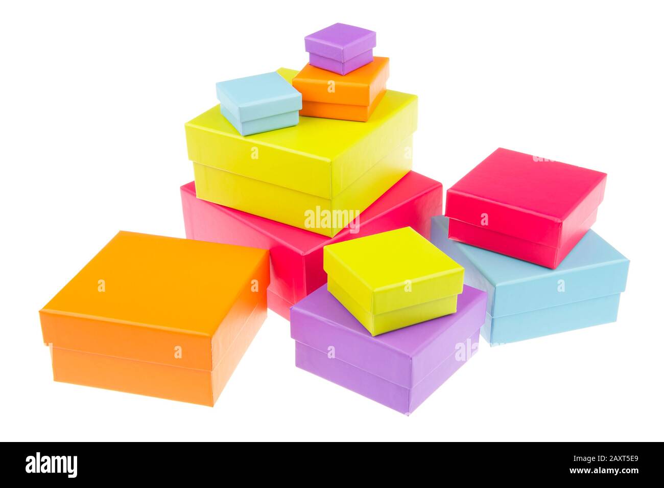 Stack of colorful gift boxes standing on white background Stock Photo ...