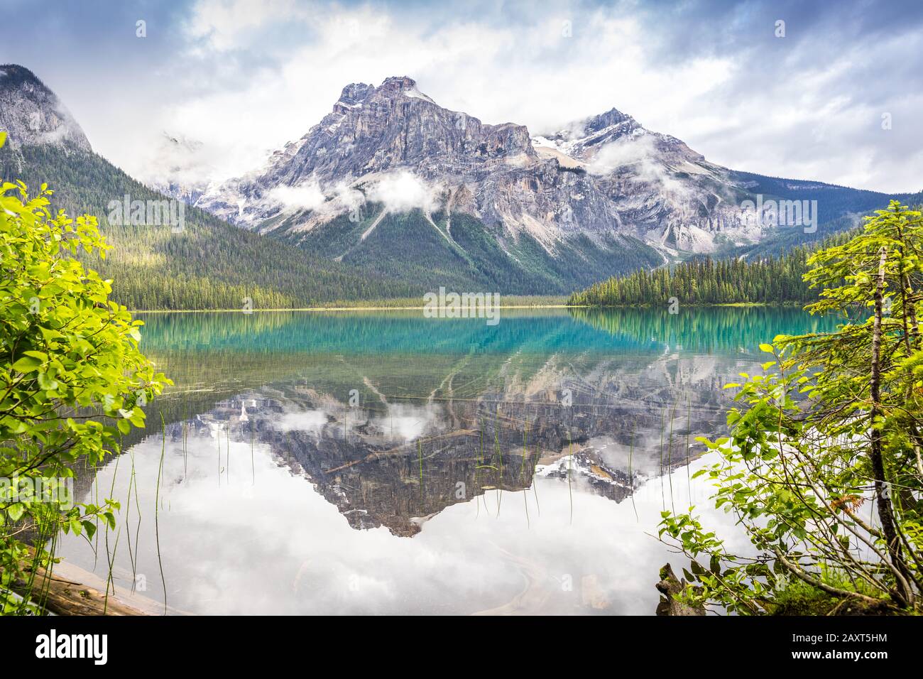 Emerald Lake reflecting Emerald Peak in the water, British Columbia, Canada Stock Photo