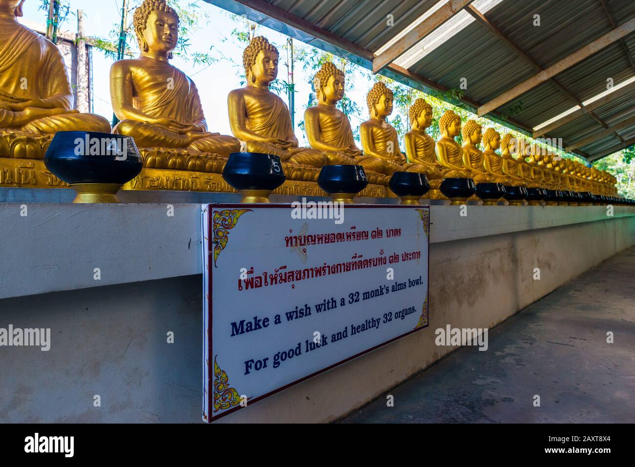 Big Buddha, Phuket/Thailand-15December2019: Row of 32 small golden buddha statues with monk's bowls for offering, good luck and healthy organs Stock Photo