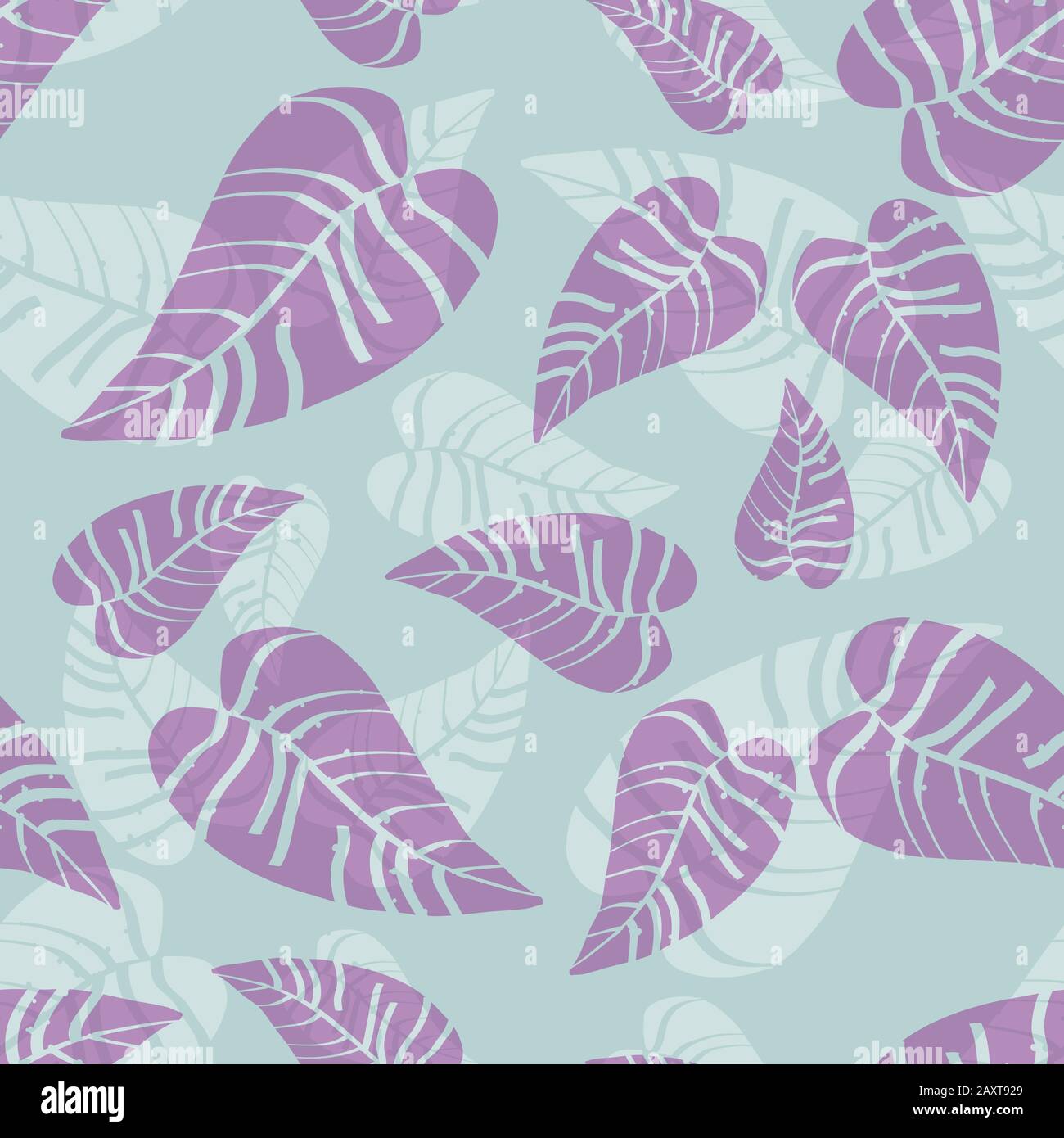 Blue and purple tropical leaves seamless pattern. Stock Vector