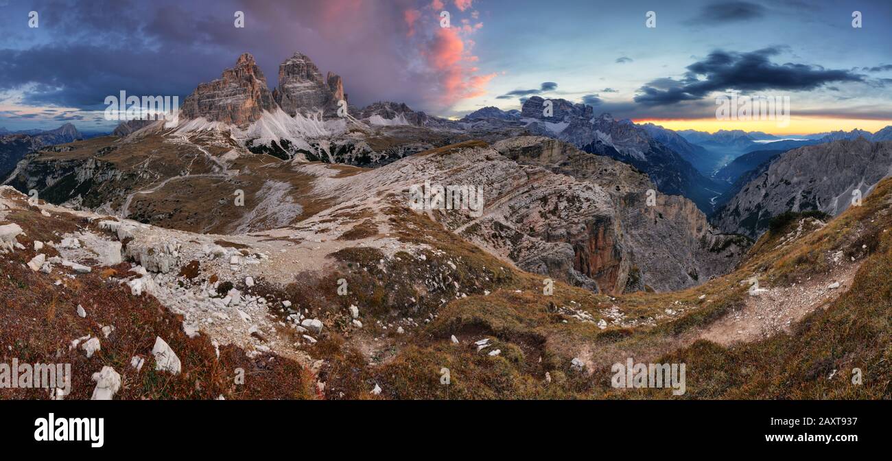 Majestic sunset in mountains landscape, Dolomites, Tre Cime Stock Photo
