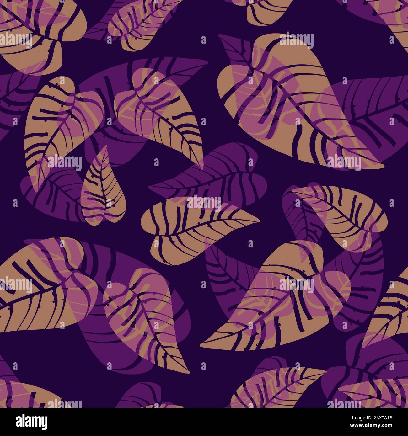 Beige and purple tropical leaves seamless pattern. Stock Vector