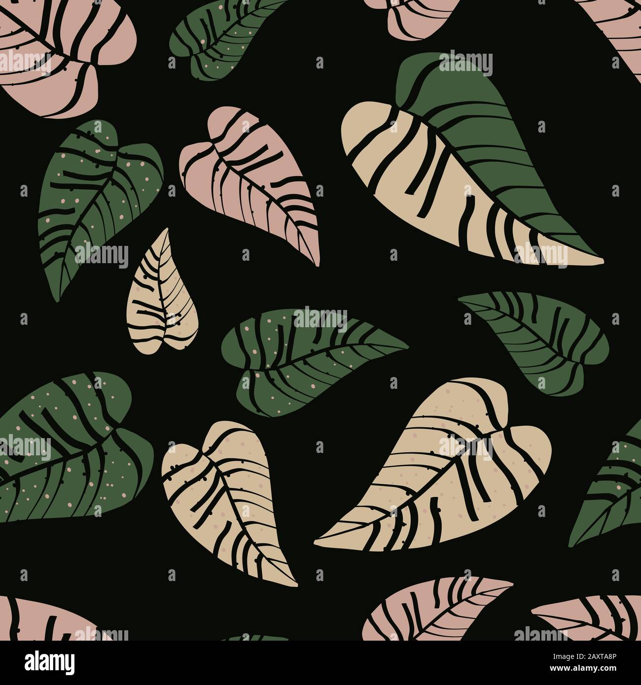 Pink and green tropical leaves seamless pattern. Stock Vector
