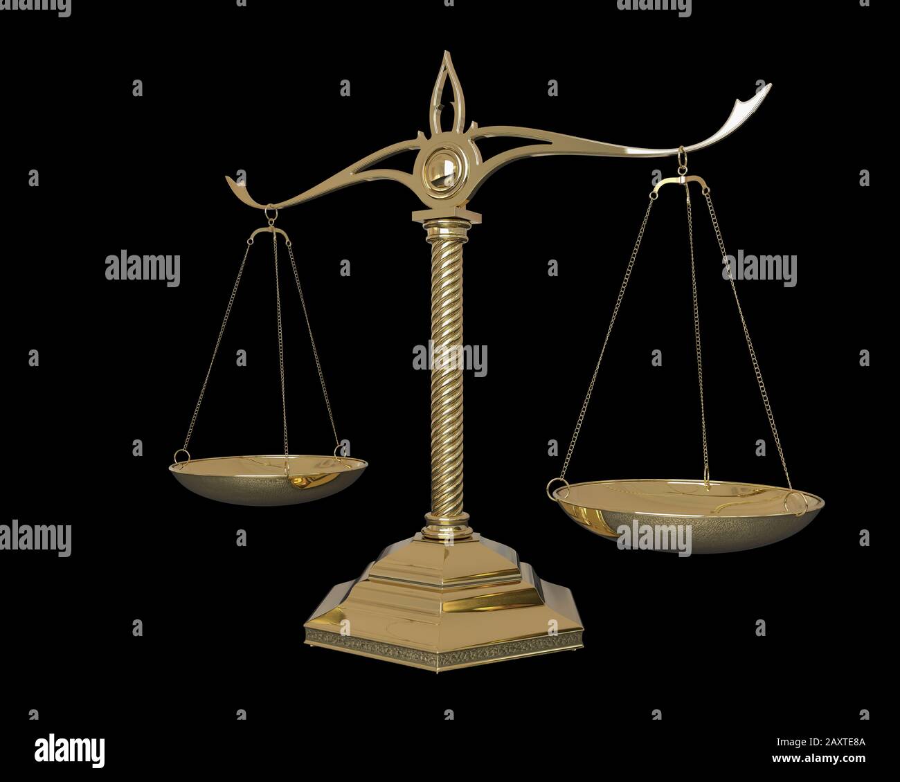 Gold scales of justice isolated on black background. 3D render Stock