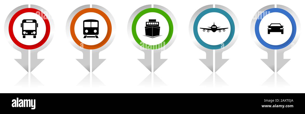 Silver metallic transportation vector pointers, set of plane, car, bus ...