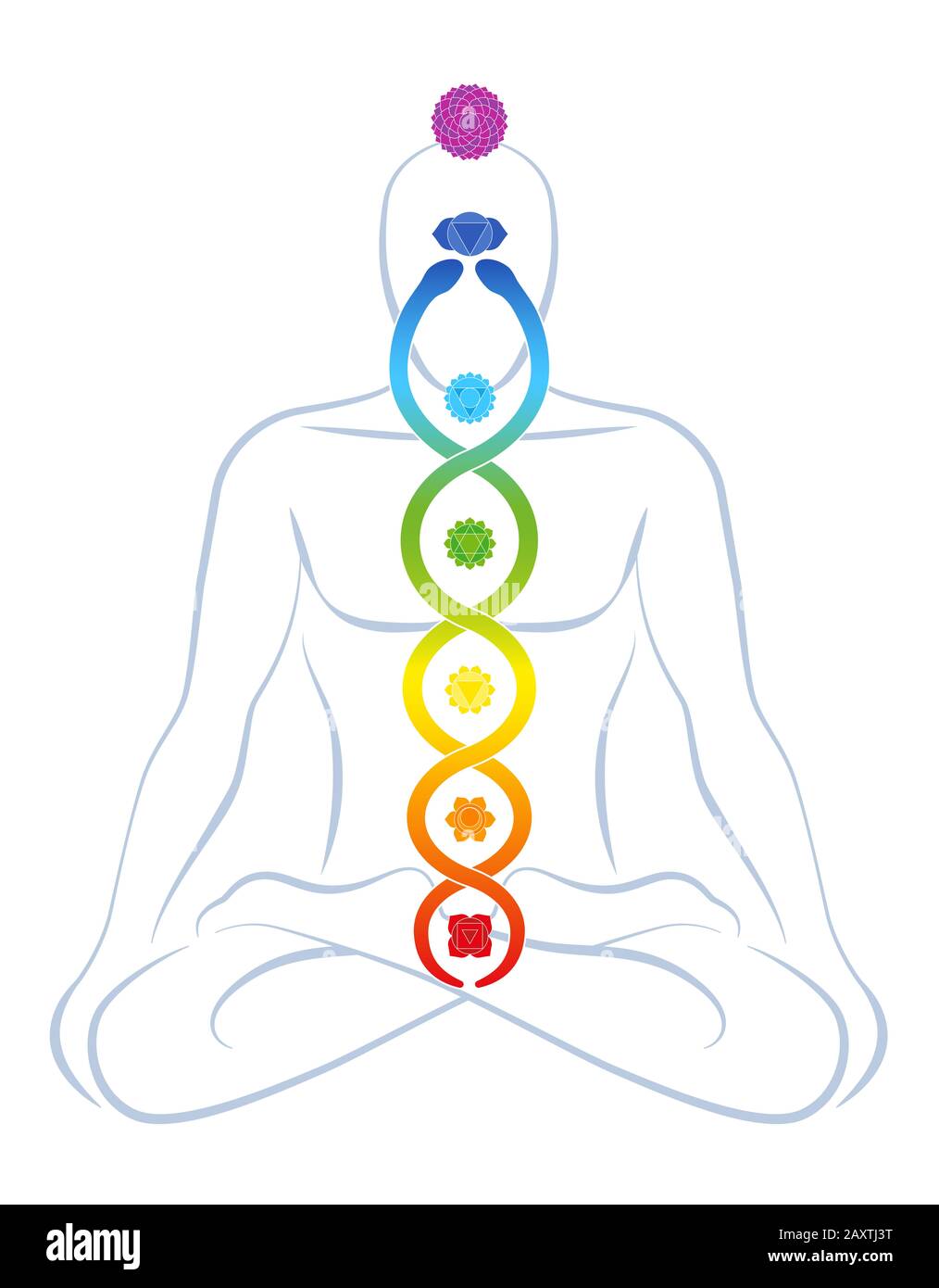 Meditating yoga man with colored chakras and rainbow gradient Kundalini ...