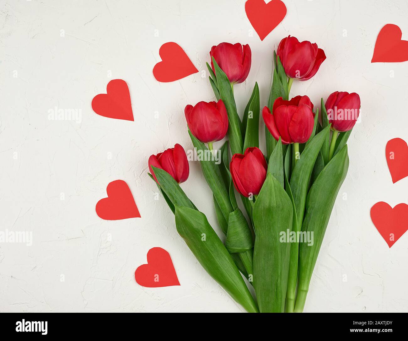 bouquet of red blooming tulips with green stems and leaves and red ...