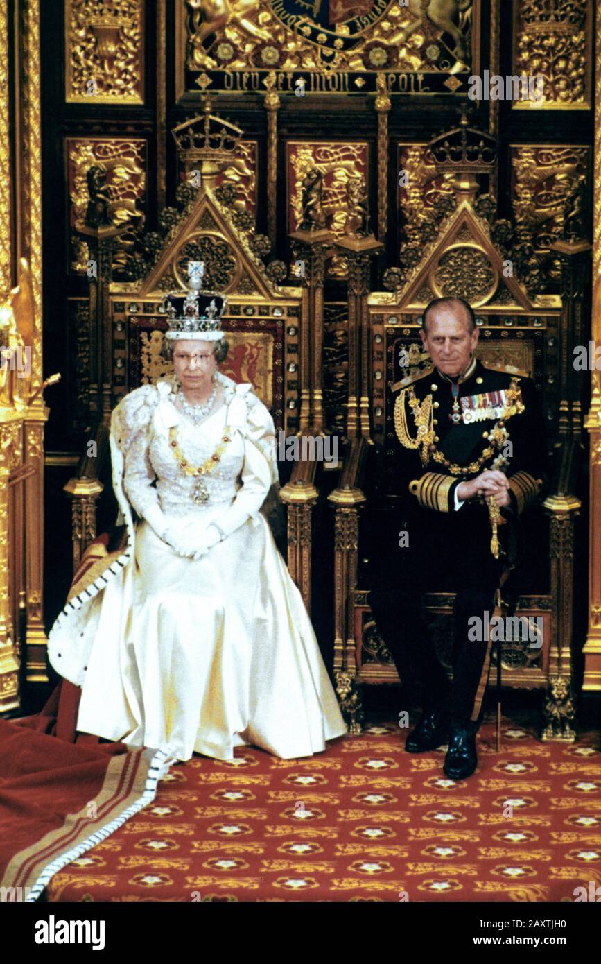 HM Queen Elizabeth II and HRH Prince Philip at the State opening of Parliament, Palace of Westminster, London, England May 1992 Stock Photo