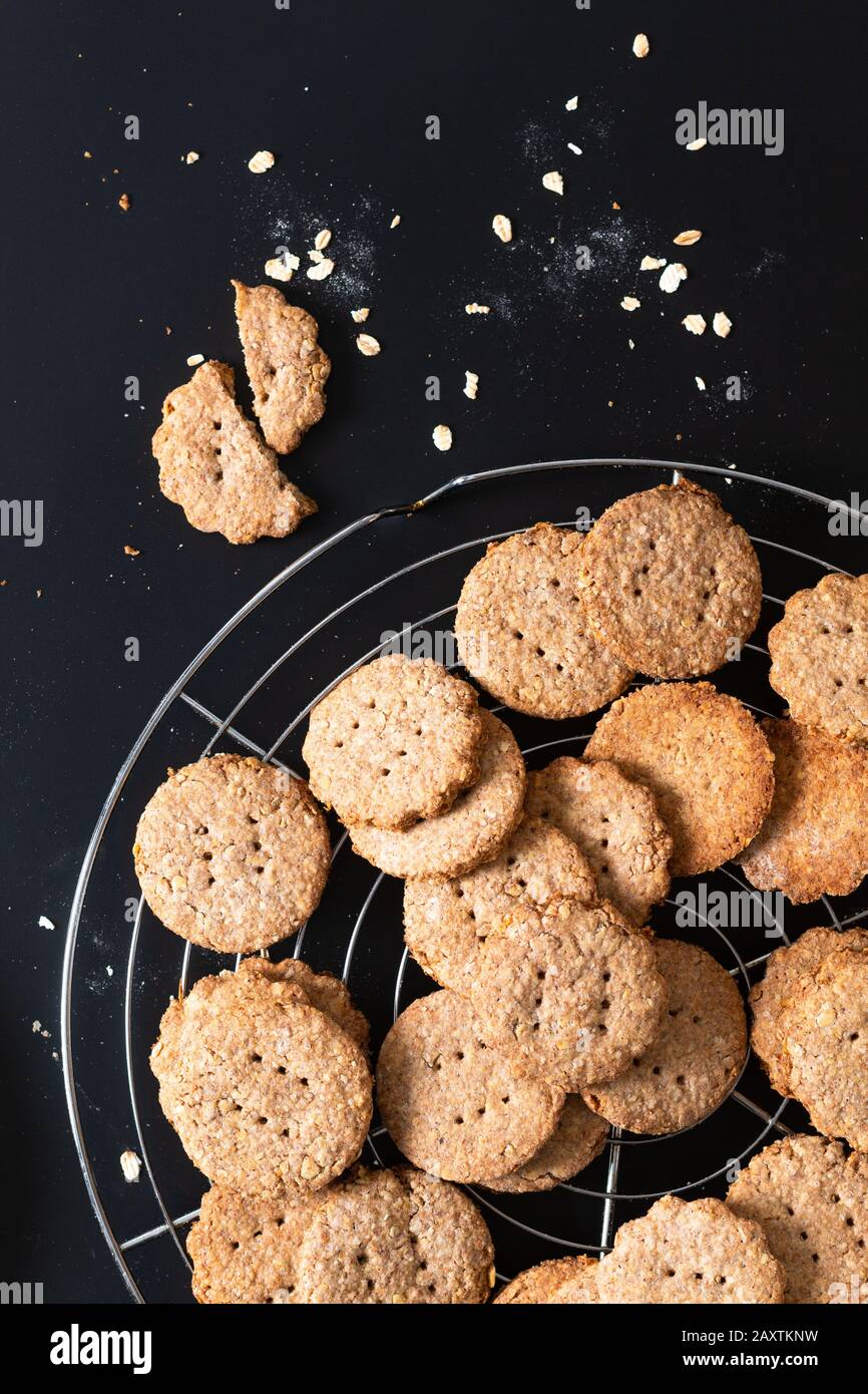 Healthy food concept fresh baked Homemade organic digestive Oat and wheat Bran Cookies with copy