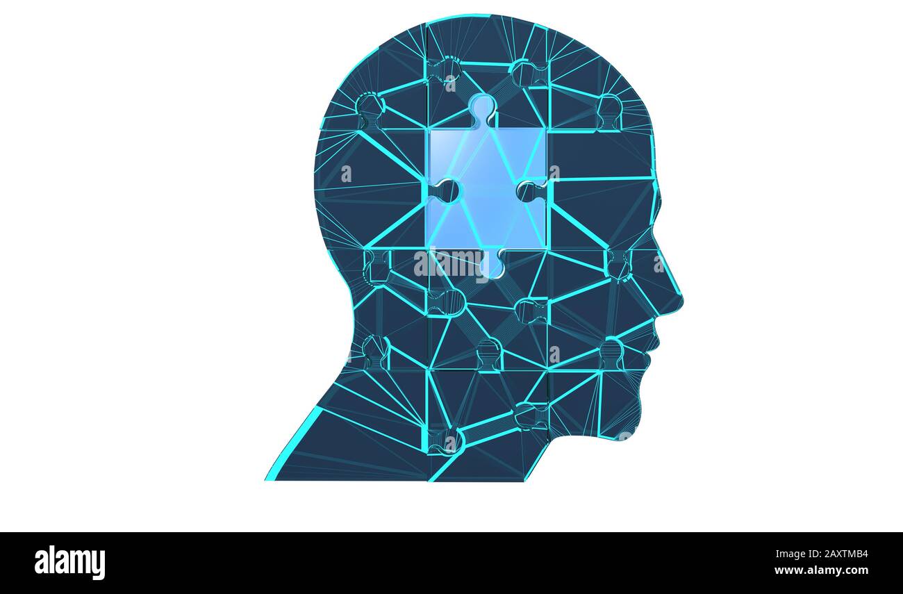 Illustration of a digital human head with a puzzle on a white ...