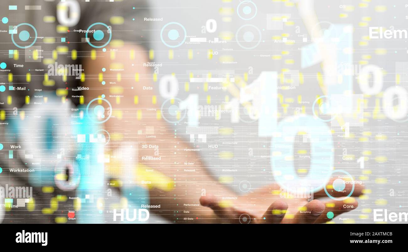 Person presenting a virtual projection of cloud computing Stock Photo
