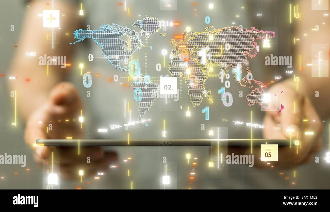 Person presenting a virtual projection of cloud computing Stock Photo