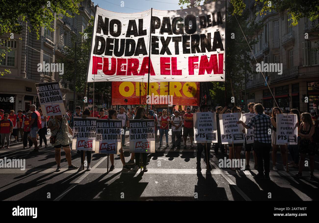 Buenos Aires, Argentina - February 13 2020: Politics demostration on the streets of Buenos Aires. The IMF has arrived in the country and they do not w Stock Photo